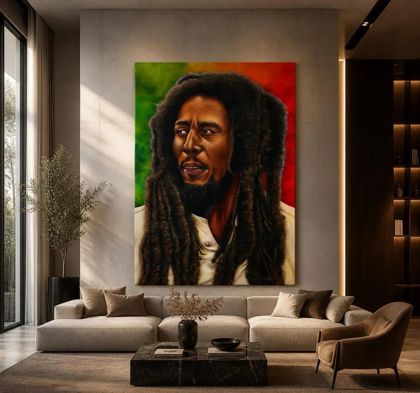 Retrato de gran formato colgado en un salón contemporáneo